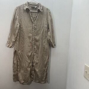 Chico's 100% Linen Button Up Tan Side Slits Tunic Blouse Sz L (2) Lagenlook